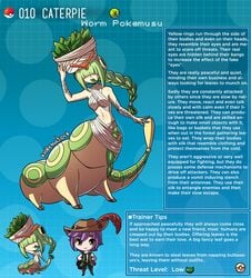 bug_girl caterpie caterpillar creature_index english_text green_hair hi_res kinkymation leaf monster_girl nintendo page_10 personification pokedex pokemon pokemon-girl_encyclopedia pokemon_rgby pokemusu profile purple_hair text what