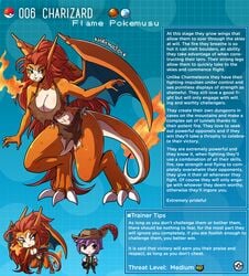 1boy 1girls big_breasts breasts charizard claws cleavage creature_index english_text female fire hi_res horn horns kinkymation male monster_girl nintendo orange_skin page_6 personification pokemon pokemon-girl_encyclopedia pokemon_(species) pokemon_rgby pokemorph pokemusu profile purple_hair text wings