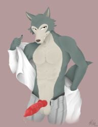 2020 5_fingers abs absurd_res anatomically_correct anatomically_correct_genitalia anatomically_correct_penis animal_genitalia animal_penis anthro athletic balls beastars bodily_fluids bottomwear brown_eyes brown_nose canid canine canine_penis canis cheek_tuft clothed clothing cum digital_media_(artwork) erection facial_tuft fingers fur genital_fluids genitals grey_body grey_fur half-closed_eyes hi_res knot legoshi_(beastars) looking_at_viewer male male_only mammal narrowed_eyes open_pants pants partially_clothed pecs penis red_penis sheath shirt signature simple_background solo teeth thr33y3dg0at topwear tuft undressing white_body white_fur wolf