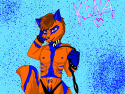 1boy 4:3 anthro bodily_fluids bondage canid canine clothing collar cuffs_(clothing) cum cumshot ejaculation erection fox fur g-string genital_fluids glowing glowing_eyes hi_res katrinastar kena leash male male/male male_only mammal nude penis pinup pose solo underwear