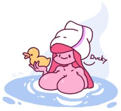 1girls adventure_time bath bathing bathroom bathtub big_breasts hair_up huge_breasts in_water large_breasts larger_female naked nude pink_hair pink_skin princess_bubblegum rubber_duck sleepyslut smile steamy thick towel_on_head water