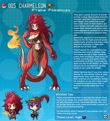 abs breasts charmeleon claws creature_index english_text hi_res kinkymation loincloth nintendo page_5 personification pokémon_(species) pokedex pokemon pokemon-girl_encyclopedia pokemusu profile red_hair tail text torn_clothes