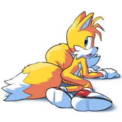 1:1 anthro ass balls blue_eyes canid canine clothing footwear fox fur genitals gloves goshaag handwear male male_only mammal mobian_(species) mostly_nude open_mouth sega simple_background solo sonic_(series) sonic_the_hedgehog_(series) tails video_games