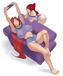 2girls ass belly_dancer_outfit blue_eyes bubble_butt crossover freckles gold_digger green_eyes harem harem_girl harem_outfit huge_breasts long_hair multiple_girls nintendo_switch pyrrha_nikos red_hair rwby sheila_silvear sinccubi smile sofa thong transparent_clothing