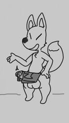 animal_crossing anthro apron apron_only ass balls big_balls big_butt big_penis bodily_fluids canid canine chest_tuft clothing cold_alcohol crazy_redd erection erection_under_clothing fox genital_fluids genitals huge_balls huge_butt huge_cock hyper hyper_balls hyper_genitalia hyper_penis male male_only mammal monochrome mostly_nude nintendo penis penis_clothing precum shortstack solo tuft uncut video_games