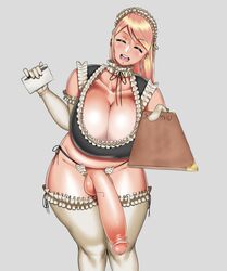 1futa ageha_(burakku-ra) balls bimbo blonde_hair breasts burakku-ra busty caidence cleavage closed_eyes covered_breasts decensored dickgirl erection futa_only futanari gloves hoop_earrings intersex large_breasts large_penis long_hair maid maid_headdress maid_uniform penis smile solo standing testicles thighhighs voluptuous waitress