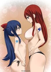 2girls areola areolae big_ass big_breasts bikini blue_hair blush breast_size_difference brown_eyes erza_scarlet face_to_face fairy_tail gaston18 long_hair long_red_hair multiple_girls nipples red_hair small_breasts smile wendy_marvell yuri