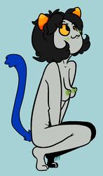 1girls 2020 :3 areolae black_hair blue_background blue_tail blush breasts cat_tail crouching eyelashes female female_focus female_only green_blush green_nipples grey_skin hands_between_legs homestuck horns looking_up ms_paint_adventures nepeta_leijon nipples nude nude_female short_hair simple_background small_breasts smile solo solo_female solo_focus tail troll yellow_sclera yumyumyeen