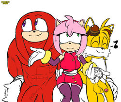 amy_rose amy_rose_(boom) anthro ball_size_difference balls big_penis blush canid canine clothed clothing djcvdz_(artist) echidna edit english_text eulipotyphlan excito exposed_torso female footwear fox genitals glans gloves green_eyes group handwear hedgehog knuckles_the_echidna male mammal manual monotreme multiple_penises musical_note nipples nude partially_retracted_foreskin penis penis_size_difference pink_glans pink_nipples red_balls red_penis shrug simple_background smile sonic_(series) sonic_boom sonic_the_hedgehog_(series) straight tails tears text third-party_edit uncut video_games white_background yellow_balls yellow_penis