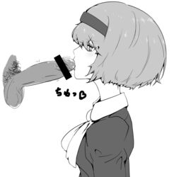 1boy 1boy1girl 1girls android black_and_white censored female hairband licking licking_penis licking_penis_tip male male/female matsumaegin oral oral_sex penis penis_lick pubes pubic_hair r._dorothy_wayneright robot robot_girl the_big_o white_background