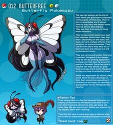 butterfly_wings butterfree creature_index dark_purple_hair english_text hi_res kinkymation monster_girl nintendo page_12 personification pokedex pokemon pokemon-girl_encyclopedia pokemusu profile purple_skin red_eyes text wings