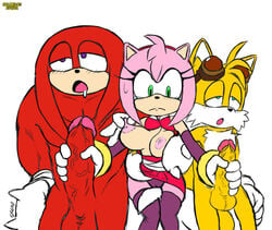 amy_rose anthro ball_size_difference balls big_penis bodily_fluids bottomwear breasts camel_toe cameltoe clothing clothing_lift djcvdz_(artist) double_handjob drooling echidna edit erection excito exposed_torso female footwear frown genitals glans green_eyes group handjob handwear knuckles_the_echidna looking_pleasured male mammal manual monotreme multiple_boys nipple_fetish nipple_pinch nipple_play nipples penile penis penis_size_difference pinch pink_glans pink_nipples purple_eyes red_balls red_penis saliva sex simple_background skirt skirt_lift sonic_(series) sonic_the_hedgehog_(series) straight tails third-party_edit video_games yellow_balls yellow_penis