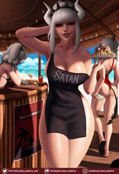 3girls apron ass beach big_ass big_breasts big_butt breasts curvaceous curvy curvy_figure female female_only food hair_ornament helltaker horn horns large_breasts legs long_hair looking_at_viewer lucifer_(helltaker) luminyu malina_(helltaker) multiple_girls naked_apron pancake pandemonica_(helltaker) pinup red_eyes smile smiling summer thick_thighs thighs white_hair white_skin