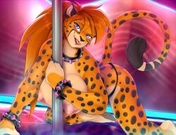 1girls all_fours alternate_version_available animal_ears anthro areolae big_breasts blue_eyes blush cheetah cheetah_ears cheetah_girl cheetah_humanoid cheetah_print cheetah_tail countershading dynamite_(kadath) felid feline female female_focus female_only fur furry furry_only hi_res kadath_universe long_hair looking_at_viewer nipples no_bra no_shirt nude nude_female orange_hair original original_character pantherine panties pawpads pole_dancing ponytail scappo smiling smiling_at_viewer solo spiked_bracelet spiked_collar spotted_fur tail twitter uncensored_breasts yellow_fur