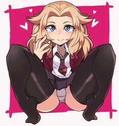 1girls black_thighhighs blonde_hair blue_eyes eye_contact female female_only heart-shaped_pupils lass_(pokemon) lass_(pokemon_ss) long_hair looking_at_viewer nintendo npc_trainer panties pokemon pokemon_ss school_uniform thick_thighs thighhighs thighs upskirt wide_hips yoshiikirablr