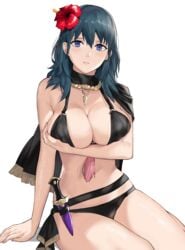 1girls bikini bikini_bottom bikini_top black_bikini black_swimsuit blue_eyes byleth_(fire_emblem) byleth_(fire_emblem)_(female) byleth_(summer)_(fire_emblem)_(female) cape dagger female female_only fire_emblem fire_emblem:_three_houses fire_emblem_heroes flower flower_in_hair fondling holding_breast j@ck lactating lactation large_breasts looking_at_viewer nintendo simple_background solo swimsuit teal_hair weapon