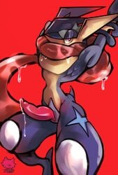 2020 amphibian anthro bodily_fluids darkluxia erection genital_fluids genitals greninja hi_res long_tongue looking_at_viewer male male_only nintendo penis pokémon_(species) pokemon pokemon_(species) precum red_background red_eyes saliva signature simple_background solo tongue video_games