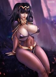 1girls big_breasts black_hair blunt_bangs bodystocking bodysuit breasts breasts_out female fire_emblem fire_emblem_awakening flowerxl huge_breasts large_breasts looking_at_viewer micro_bra purple_eyes sitting solo solo_female string_instrument tharja_(fire_emblem) thick_thighs thighs voluptuous wide_hips