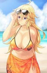 beach bikini blonde_hair breasts glasses_on_head hiroya_juuren huge_breasts purple_eyes rwby sarong solo sunglasses swimsuit yang_xiao_long