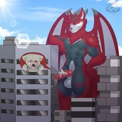 1:1 aamu_(arte_com_batata) anthro bodily_fluids canid canine canis character_request city cityscape cum diegojhol domestic_dog dragon duo genital_fluids hi_res macro male male/male mammal micro muscular original original_character original_characters ragnus shiba_inu spitz wolf