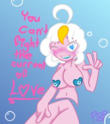 <3_eyes ahoge android big_breasts breasts covered_nipples female genitals hair_highlights heart heart_eyes humanoid machine naked nipple_pasties no_straight_roads noseless nude pasties peace_sign pink_body pink_skin pussy robot sayu short_hair solo solo_female underwater white_hair wink winking winking_at_viewer