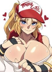 1girls big_breasts blonde_hair blue_eyes blush canon_genderswap cleavage embarrassed eye_contact fatal_fury female genderswap_(mtf) gloves hat heart huge_breasts king_of_fighters large_breasts lips long_hair looking_at_viewer pale-skinned_female pale_skin rule_63 snk snk_heroines:_tag_team_frenzy sweat terry_(snk_heroines:_tag_team_frenzy) terry_bogard text voluptuous white_background yoshiikirablr