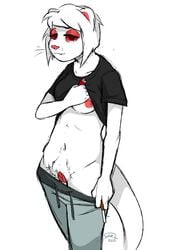 2020 absurd_res albino anthro breasts cigarette clothed clothing clothing_lift domestic_ferret female fur genitals hair hi_res mammal mustela mustelid musteline nipples pants_down partially_clothed poppy_(sneel) pubes pussy red_eyes red_sclera shirt shirt_lift short_hair simple_background sneel solo sweatpants topwear white_background white_body white_fur white_hair