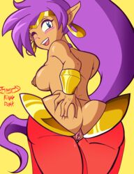 1girls backshots blue_eyes blush blushing_at_viewer earrings exposed_breasts exposed_pussy female female_only functionally_nude hand_on_ass kingdusk looking_at_viewer ponytail purple_hair shantae shantae_(character) smiling smiling_at_viewer smooth_skin solo tiara wet_pussy winking winking_at_viewer