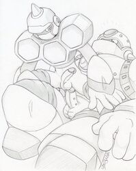 2boys concrete_man dudebulge gay hornet_man mega_man mega_man(classic) mega_man_9 monochrome penis robot sex size_difference