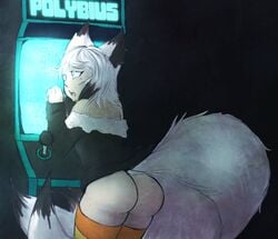 1girls ass bottomless creepypasta critnuke drool female_only fox_ears fox_girl glowing glowing_eyes kitsune mind_control nekomimi open_mouth original polybius_(arcade) stockings tail tech_control white_hair