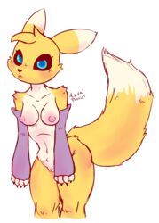 anthro armwear athletic big_(disambiguation) blush_lines canid canine clothing digimon digimon_(species) elbow_gloves female fox genitals gloves handwear hi_res mammal nipples nude pink_nipples pink_pussy pussy raised_tail renamon slim solo thick_thighs tsuraipossum