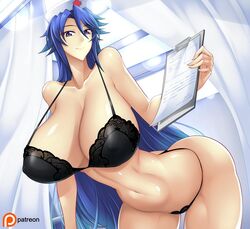 alternate_version_available arched_back black_lingerie blue_hair bra clipboard curtains from_below haganef hitsugi_sayo hospital huge_breasts indoors leaning_forward lingerie looking_at_viewer navel nurse nurse_cap panties purple_eyes shiny_skin smile triage_x very_long_hair window