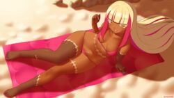 1girls 2020 artist_name beach beach_towel bikini blonde_hair breasts cleavage commission dark-skinned_female dark_skin dyed_hair eyebrows_visible_through_hair eyelashes eyes_visible_through_hair feet female female_only gyaru highres hime_cut kuro_gyaru kuroonehalf long_hair medium_breasts nail_polish navel original original_character pink_bikini pink_hair pink_nails pink_toenails scar shadow smile solo swimsuit teeth thick_thighs thighs toenail_polish toes towel two_tone_hair very_long_hair yellow_eyes zombie zombie_girl