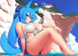 1girls 2020 animal_ears aqua_hair artist_name ass beach beach_towel big_ass bikini blush bow breasts cleavage commission eyebrows_visible_through_hair eyes_visible_through_hair feet female female_only fluffy fluffy_tail fox_ears fox_girl fox_tail front-tie_bikini green_eyes hair_between_eyes hair_ribbon highres kuroonehalf large_breasts long_hair long_ponytail original original_character ponytail ribbon side-tie_bikini smile solo swimsuit tail thick_thighs thighs toes towel white_bikini