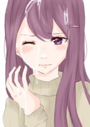 cum cum_on_face cum_on_hair doki_doki_literature_club purple_eyes purple_hair yuri_(doki_doki_literature_club) yuxine