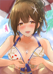 1boy bangs bare_shoulders bikini blue_sky blurry blurry_background blush braid breast_squeeze breasts brown_eyes brown_hair cleavage collarbone crown_braid female highres idolmaster idolmaster_shiny_colors kuwayama_chiyuki large_breasts long_hair looking_at_viewer paizuri paizuri_under_clothes penis ponytail shionootsu sky smile straight sweat swimsuit white_bikini