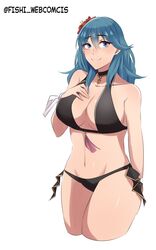 bikini bikini_bottom bikini_top black_swimsuit blue_eyes byleth_(fire_emblem) byleth_(fire_emblem)_(female) byleth_(summer)_(fire_emblem)_(female) cape cuddlephish0 dagger female female_only fire_emblem fire_emblem:_three_houses fire_emblem_heroes fishi_webcomics flower flower_in_hair large_breasts looking_at_viewer nintendo simple_background solo solo_female swimsuit teal_hair weapon