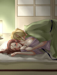 1boy blonde_hair blue_eyes blush brown_hair earrings elf elf_ears elf_female female japanese_clothes jewelry kimono kissing link link_(twilight_princess) necking nintendo pointy_ears princess_zelda straight the_legend_of_zelda twilight_princess undressing unseen_male_face wasabi_(legemd) wince yukata zelda_(twilight_princess)