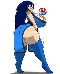 ass ass_expansion big_ass big_breasts breast_expansion breasts_bigger_than_head clothed eating growth huge_ass huge_breasts igphhangout large_ass large_breasts long_hair looking_at_viewer mario_(series) mizu_(igphhangout) mushroom ninja pokemon super_mushroom super_smash_bros. thick_thighs thighs white_background wide_hips