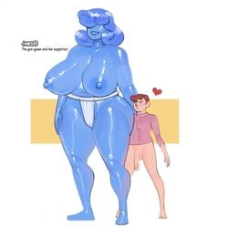 1boy 1girls 2019 ass blue_body blue_hair blue_skin bottomless breasts covering_eyes curvy hair hair_over_eyes hand_on_thigh heart hi_res huge_ass huge_breasts human humanoid jamesab large_penis looking_at_butt nipples original penis see-through shiny_skin shirt size_difference slime slime_girl smile smiling text thick_thighs thighs white_background