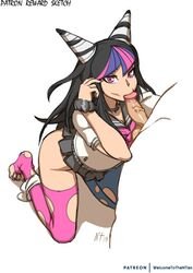 1boy 1girls ass clothed_female_nude_male danganronpa danganronpa_2:_goodbye_despair fellatio kneeling mioda_ibuki multicolored_hair noisetanker oral panties_around_leg pink_eyes ripped_clothing smooth_skin thighhighs toeless_legwear