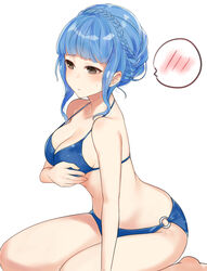 bikini bikini_bottom bikini_top blue_hair blush breasts brown_eyes cleavage crown_braid curvy embarrassed fire_emblem fire_emblem:_three_houses haru_(nakajou-28) harunn2288 large_breasts light_blue_hair long_hair marianne_von_edmund moe on_knees simple_background sweatdrop swimsuit touching_breast