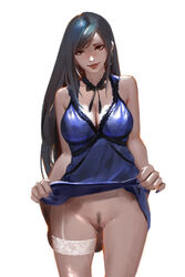 cleavage dako dress final_fantasy final_fantasy_vii nail_polish no_bra no_panties nopan pubic_hair purple_nails pussy skirt_lift stockings thighhighs tifa_lockhart uncensored