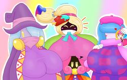 2018 5girls abstract_background absurd_res annoyed anthro beret blonde_hair blue_hair blush_stickers breasts breasts_on_head busty claycia closed_eyes covered_mouth drawcia elline female_only half-closed_eyes hat huge_breasts hugging kirby_(series) multicolored_hair multiple_girls nintendo paintra pink_hair ponytail scarf touhoufan vividria witch_hat yellow_eyes