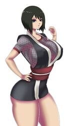 1girls big_breasts black_eyes black_hair boruto:_naruto_next_generations bottomless breasts cleavage erect_nipples erect_nipples_under_clothes eyelashes eyeshadow female female_only fishnet_shirt hand_on_waist kimono looking_at_viewer makeup naruto naruto_(series) nexus-sig shizune simple_background solo thick_thighs white_background