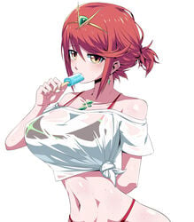 1girls 2019 arm_behind_back bare_arms bikini breasts chest_jewel earrings eating eyebrows_visible_through_hair female female_only food hair_ornament highres holding_food jewelry large_breasts looking_at_viewer navel nintendo orange_eyes popsicle pyra red_hair see-through shirt simple_background solo standing suzusiigasuki sweat swimsuit tied_hair tied_shirt wet_clothes wet_shirt white_background xenoblade_(series) xenoblade_chronicles_2