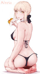 anus anus_peek artoria_pendragon artoria_pendragon_(alter) artoria_pendragon_(swimsuit_rider_alter) ass bikini blonde_hair eating erect_nipples fate/grand_order fate_(series) feet kneeling laserflip looking_at_viewer looking_back rosaline smell smelly_feet soles swimsuits thong yellow_eyes