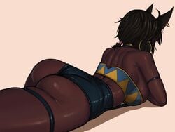 1girls ahoge_catgirl_(kevbot) animal_ears ass back bare_shoulders black_hair dark-skinned_female dark_skin earrings female female_only hoop_earrings humanoid kemonomimi kevbot large_breasts lying lying_on_stomach nekomimi original short_hair simple_background skin_tight solo very_dark_skin