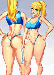 1girls abs ass big_ass big_breasts big_butt bikini blonde_hair blue_eyes bottom_heavy breasts bubble_ass bubble_butt busty fat_ass female_protagonist lipstick long_hair metroid nintendo ponytail samus_aran smile solo sports_bra sweat thong white_skin xdtopsu01