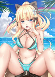 bangs bikini black_bow blonde_hair blue_eyes blush bow breasts cum elf eyebrows_visible_through_hair female flower hair_flower hair_ornament hairbow large_breasts long_hair looking_at_viewer millipen_(medium) open_mouth ougi_(ihayasaka) pointy_ears ponytail princess_connect! princess_connect!_re:dive saren_(princess_connect!) solo spread_legs swimsuit traditional_media